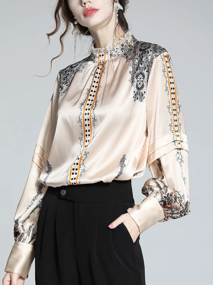 Elegant Women’s Satin Blouse with Artistic Prints