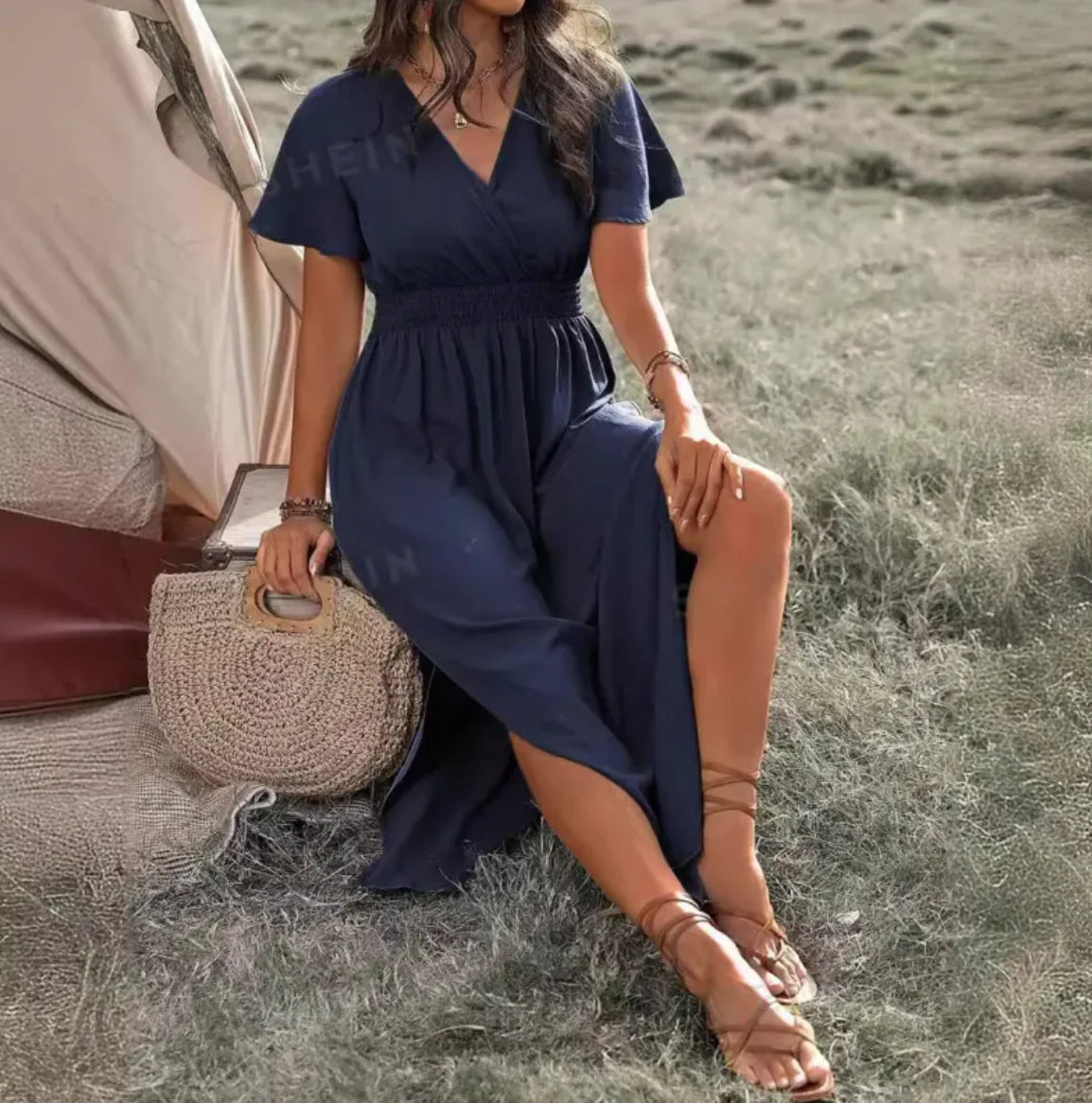 Elegant V-Neck Bell Sleeve Dress with Side Slit