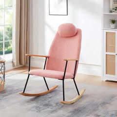 Elegant Pink Rocking Chair - Teddy Fabric, High Back & Adjustable Headrest