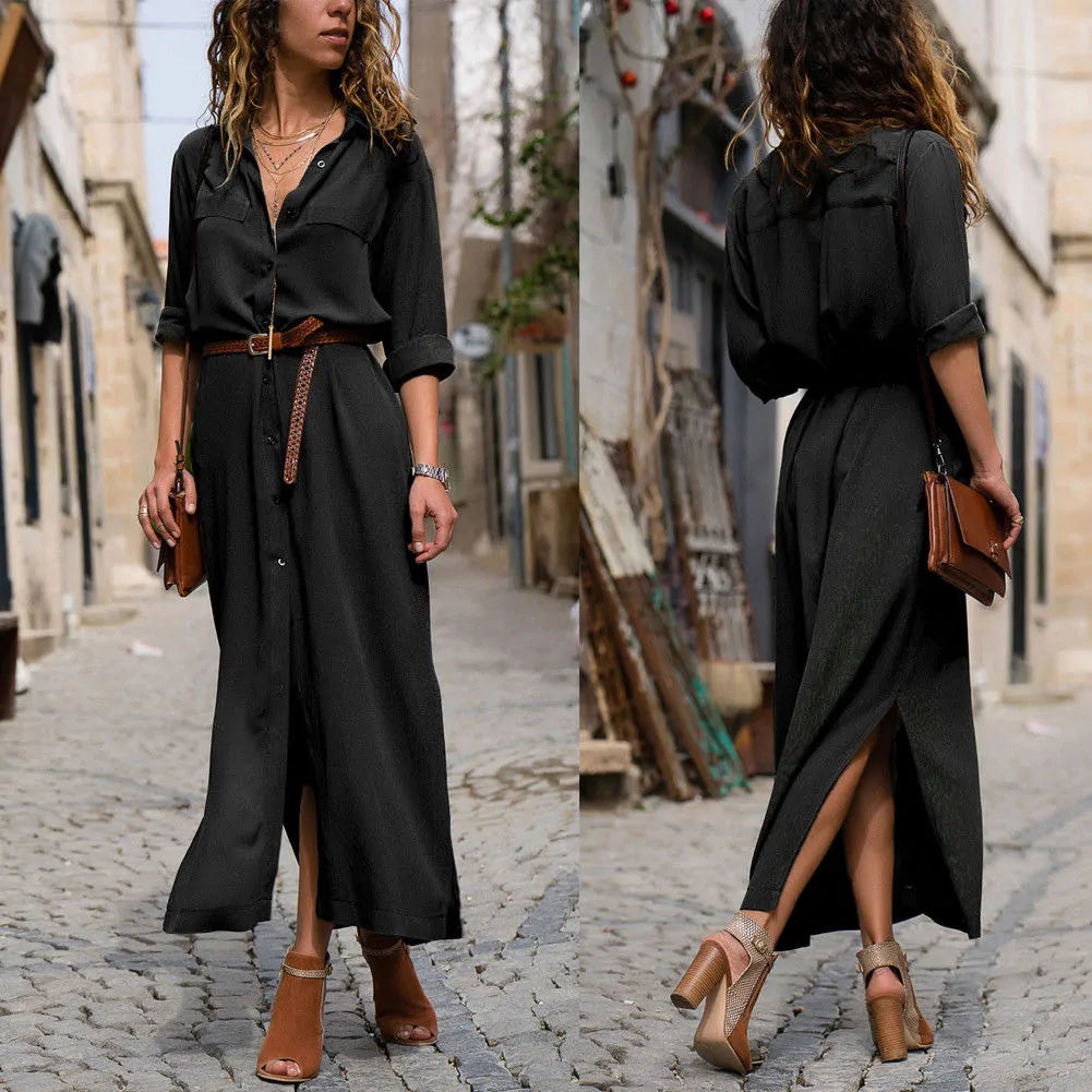 Elegant V-Neck Maxi Beach Dress - Solid Color Selection