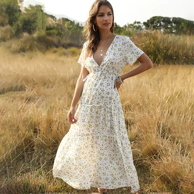 Bohemian Ruffled V-Neck Floral Maxi Dress