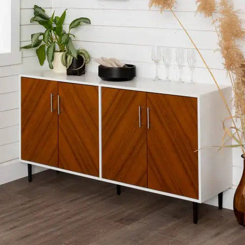 Mid-Century Modern Faux-Bookmatch Buffet - White Teak